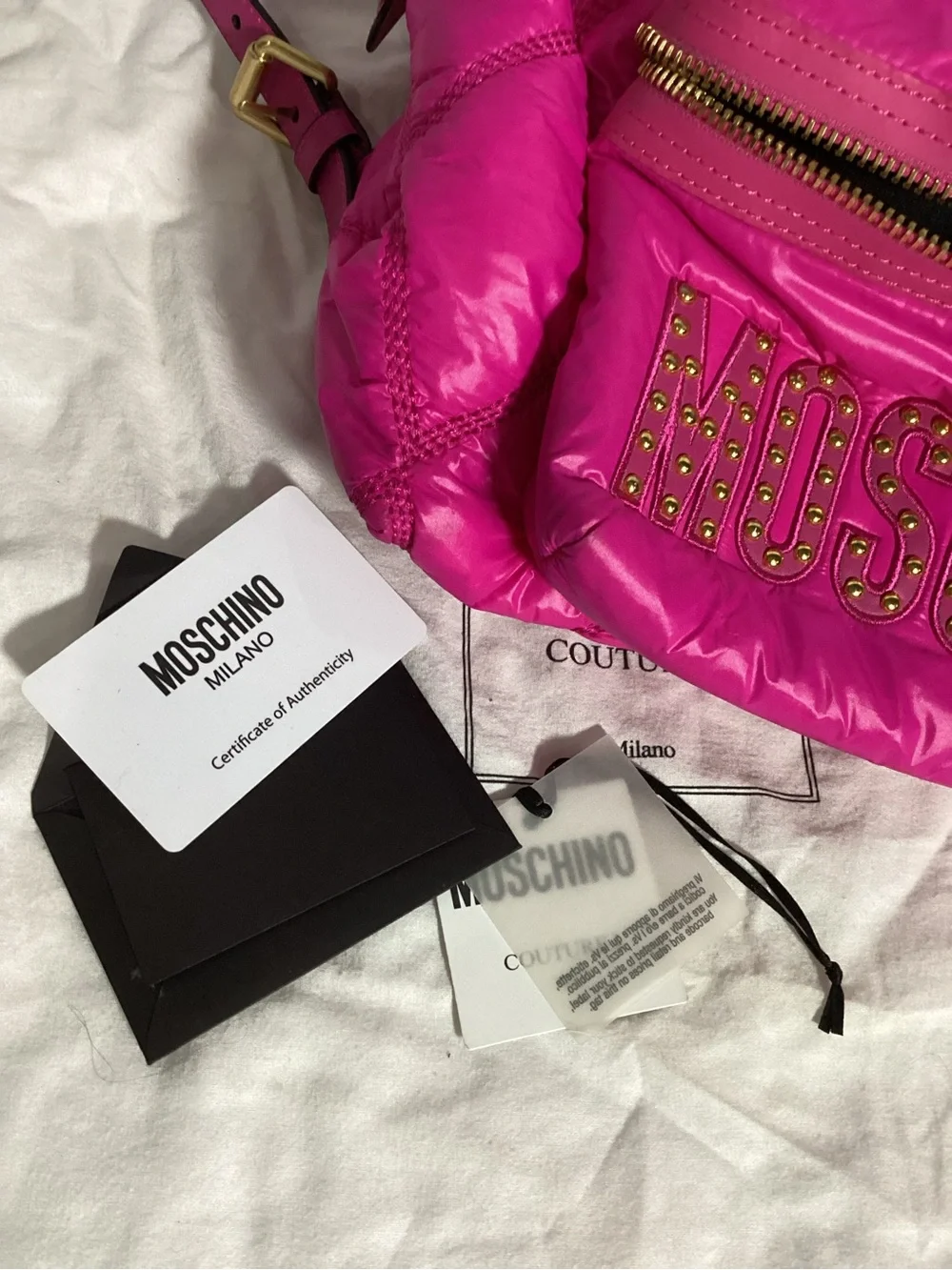 Moschino Quilted Hot Pink Large Nylon Backpack w/ Gold Studded Logo